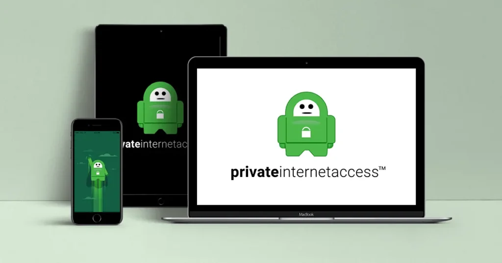 Private Internet Access (PIA) VPN mascot and logo displayed on smartphone, tablet, and laptop screens — showing cross-platform compatibility