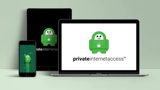 Private Internet Access (PIA) VPN mascot and logo displayed on smartphone, tablet, and laptop screens — showing cross-platform compatibility