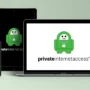 Private Internet Access (PIA) VPN mascot and logo displayed on smartphone, tablet, and laptop screens — showing cross-platform compatibility