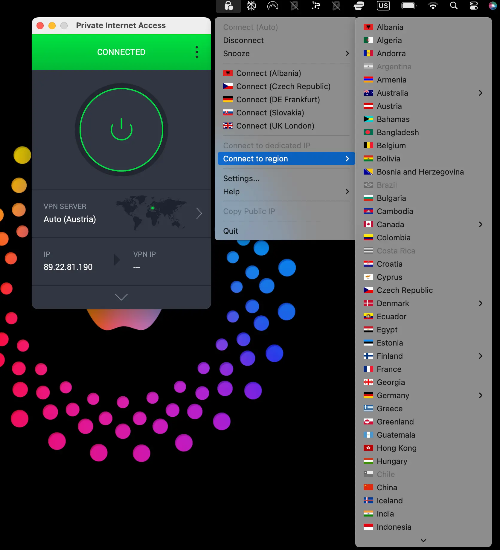 Private Internet Access (PIA VPN) app interface on macOS showing active VPN connection to Austria and country server selection menu with global locations.
