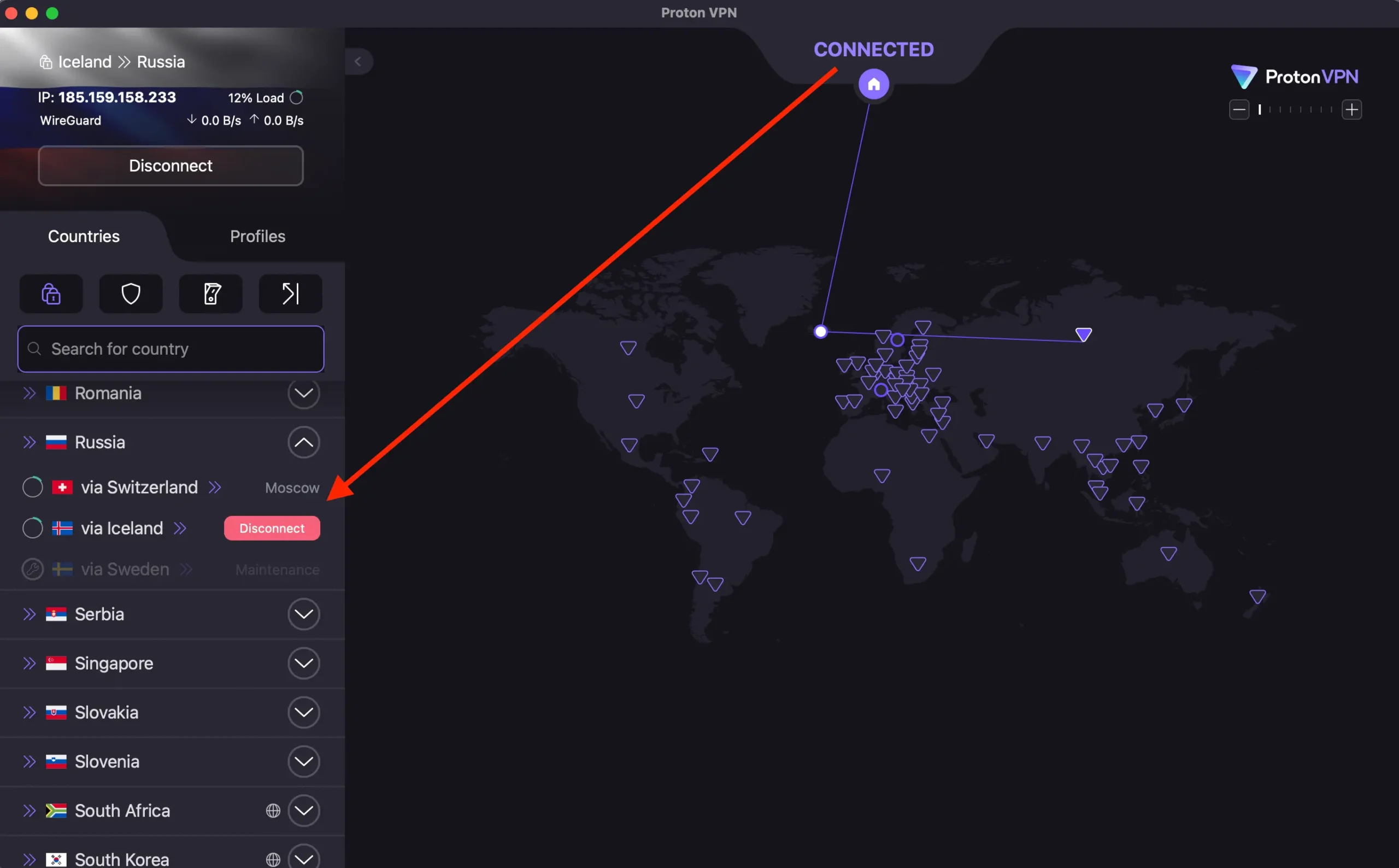 ProtonVPN - Secure Core server Russia | Venclikovi.com ProtonVPN connected through Secure Core via Iceland to Russia — using double encryption for extra privacy during my Moscow tests.