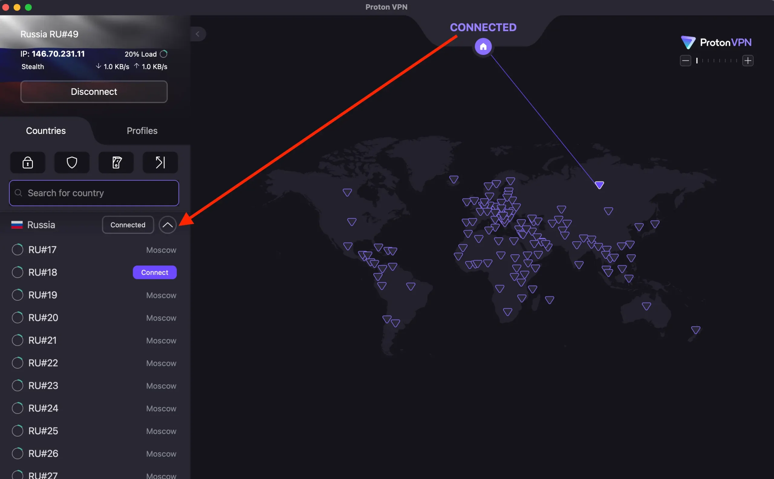 ProtonVPN my Macbook - Connect Stealth protocol Russia - Hotel Cosmos | Venclikovi.com ProtonVPN connected to Russia server #49 via Stealth protocol on my MacBook — the setup that finally worked in Moscow’s Hotel Cosmos.
