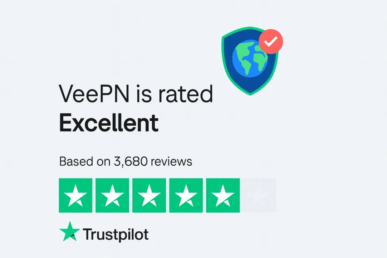 Centered 16:9 graphic showing VeePN's Trustpilot rating of 4.7 stars out of 5, labeled as "Excellent," based on 3,680 reviews, with the VeePN logo prominently displayed and all elements cleanly aligned and not touching the image edges.