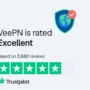 Centered 16:9 graphic showing VeePN's Trustpilot rating of 4.7 stars out of 5, labeled as "Excellent," based on 3,680 reviews, with the VeePN logo prominently displayed and all elements cleanly aligned and not touching the image edges.