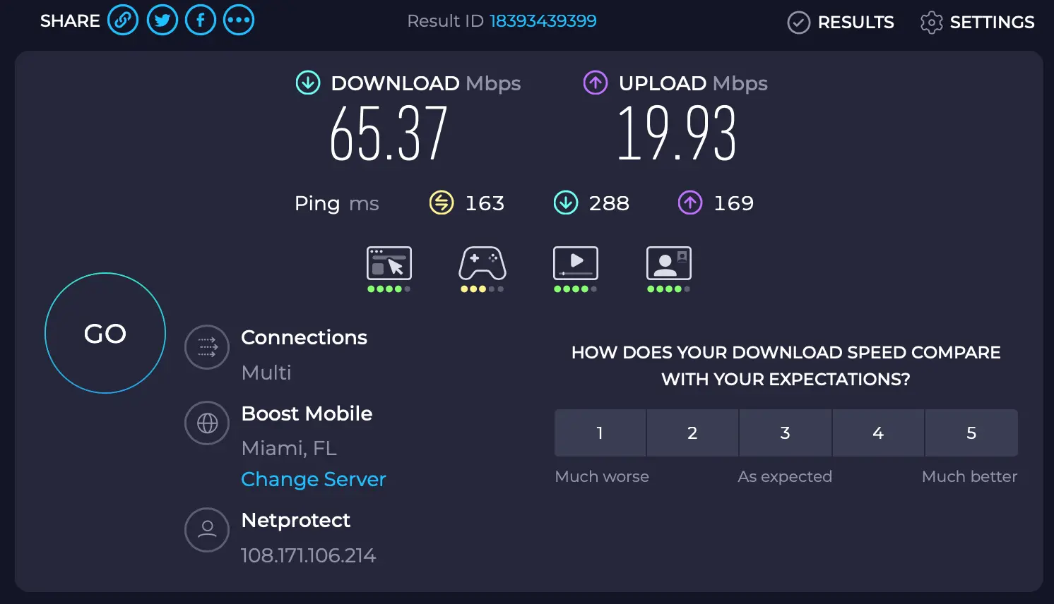 Speedtest with IPVanish Airport Nassau | Venclikovi.com Speedtest result using IPVanish connected via Miami server from Nassau airport, showing 65.37 Mbps download and 19.93 Mbps upload speeds.