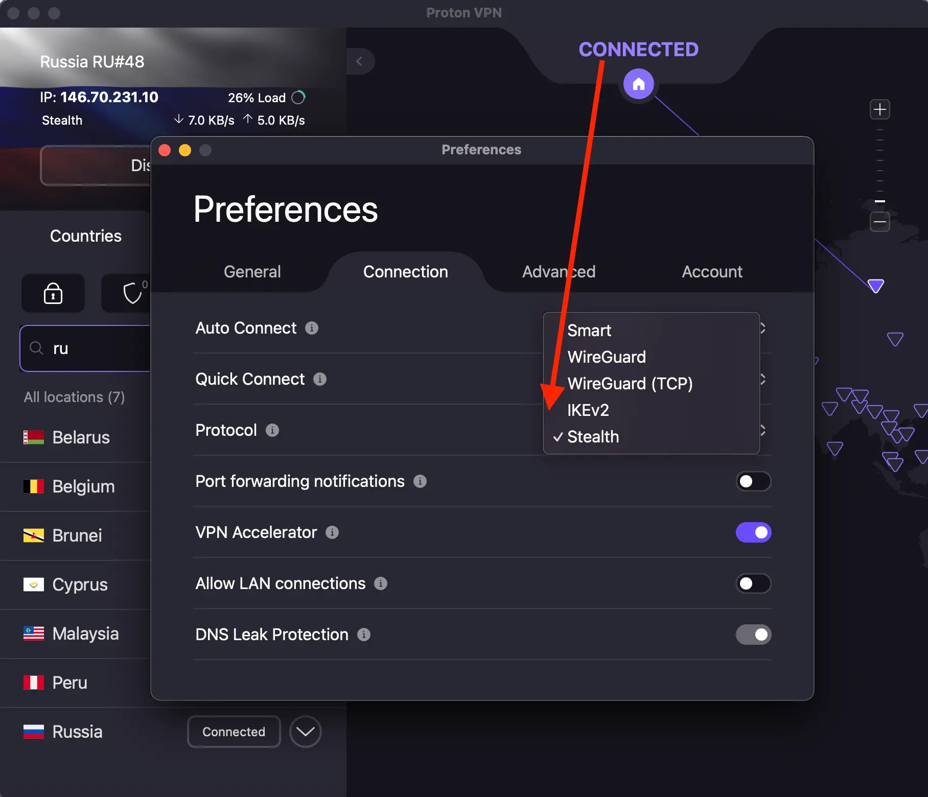 Stealth protocol ON - ProtonVPN app on my Macbook M1 MAX | Venclikovi.com ProtonVPN app on my MacBook with Stealth protocol selected the only setting that consistently worked in Moscow during my tests.