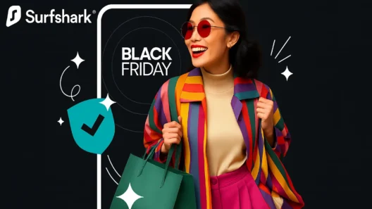 Woman in colorful outfit holding shopping bags for Black Friday, with Surfshark logo centered and clearly visible, set against a dark background promoting Surfshark VPN sale