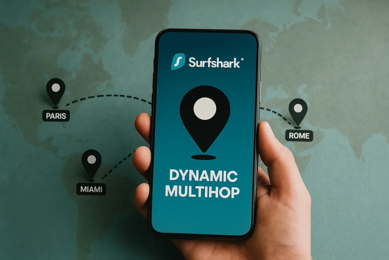 Hand holding phone with Surfshark MultiHop, map shows Paris, Miami, and Rome connected.