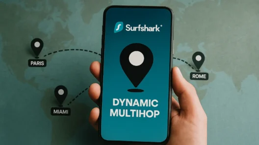 Hand holding phone with Surfshark MultiHop, map shows Paris, Miami, and Rome connected.
