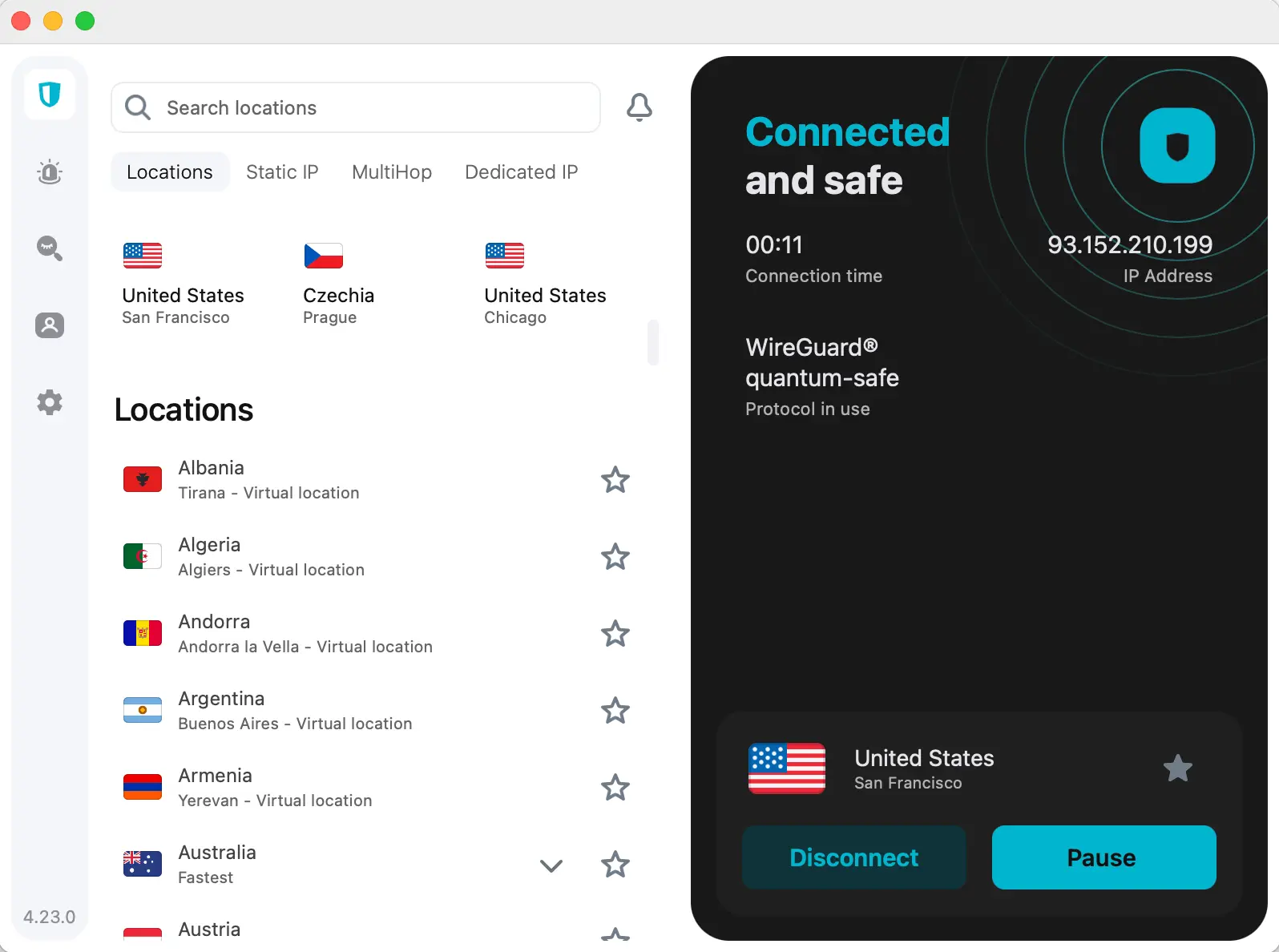 VPN app interface showing active connection to San Francisco server in the United States using WireGuard protocol, with virtual locations list including Albania, Algeria, Andorra, Argentina, and more. IP address displayed as 93.152.210.199.