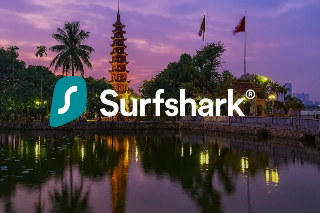 Surfshark logo centered over a panoramic view of Hanoi, Vietnam, showing city skyline, lake, and local architecture in the evening light.