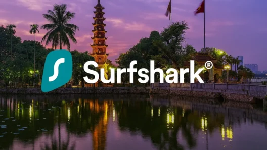Surfshark logo centered over a panoramic view of Hanoi, Vietnam, showing city skyline, lake, and local architecture in the evening light.