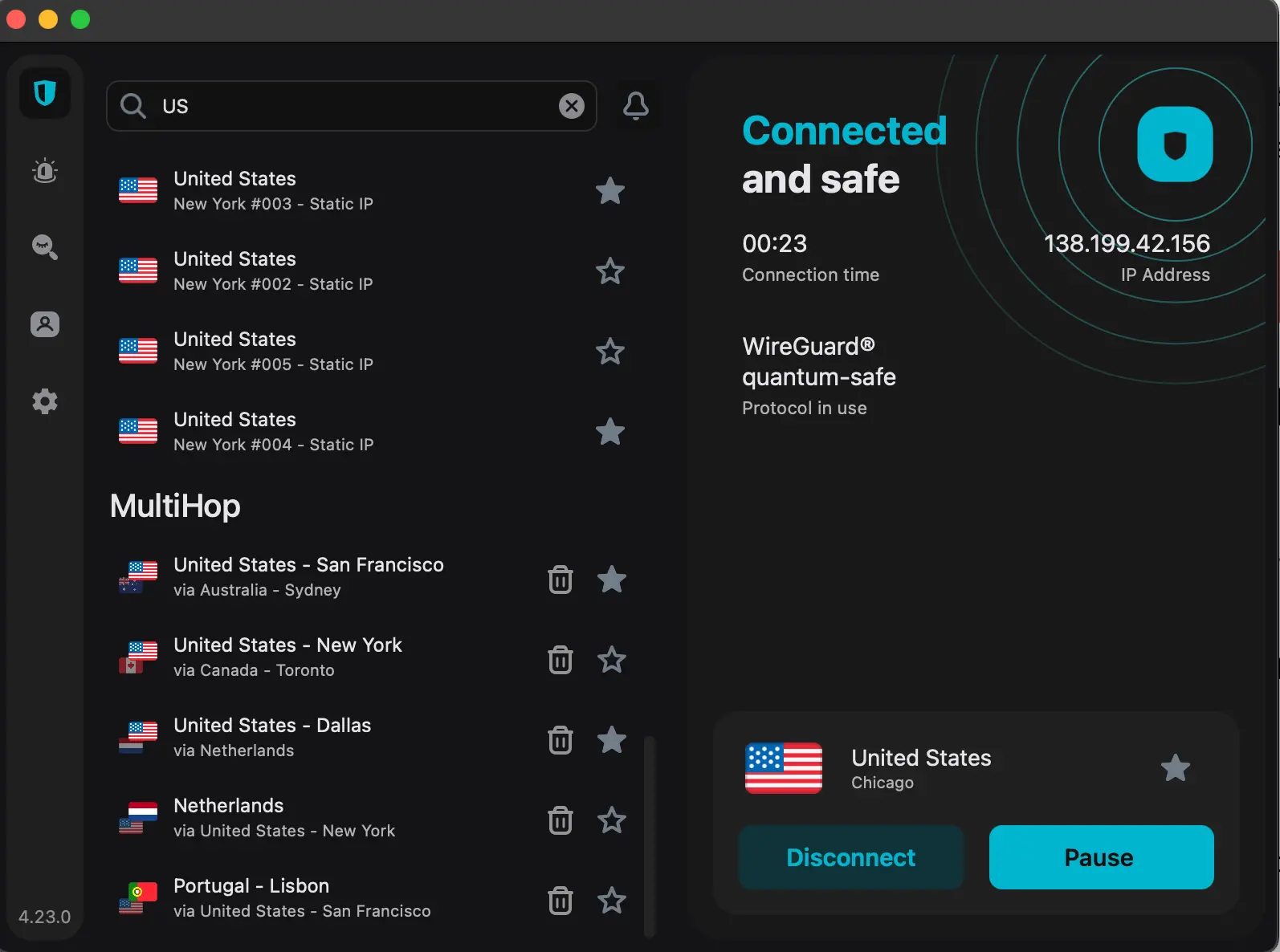 Surfshark VPN interface showing active connection to a U.S. server using WireGuard, with multiple MultiHop options and static IPs for New York and San Francisco.