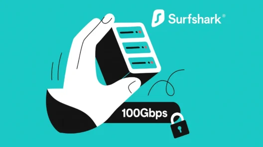 Stylized illustration of a hand holding a three-tiered VPN server marked "100Gbps", with a padlock icon and the Surfshark logo on a turquoise background.