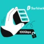 Stylized illustration of a hand holding a three-tiered VPN server marked "100Gbps", with a padlock icon and the Surfshark logo on a turquoise background.