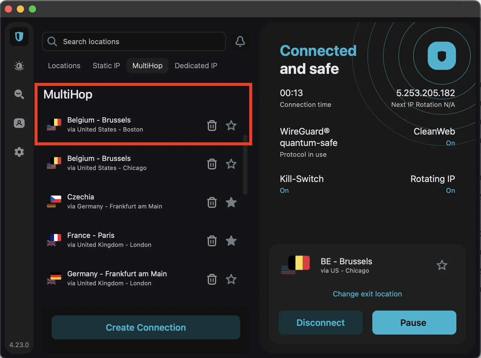 Surfshark active MultiHop session via Boston to Brussels with IP and features displayed