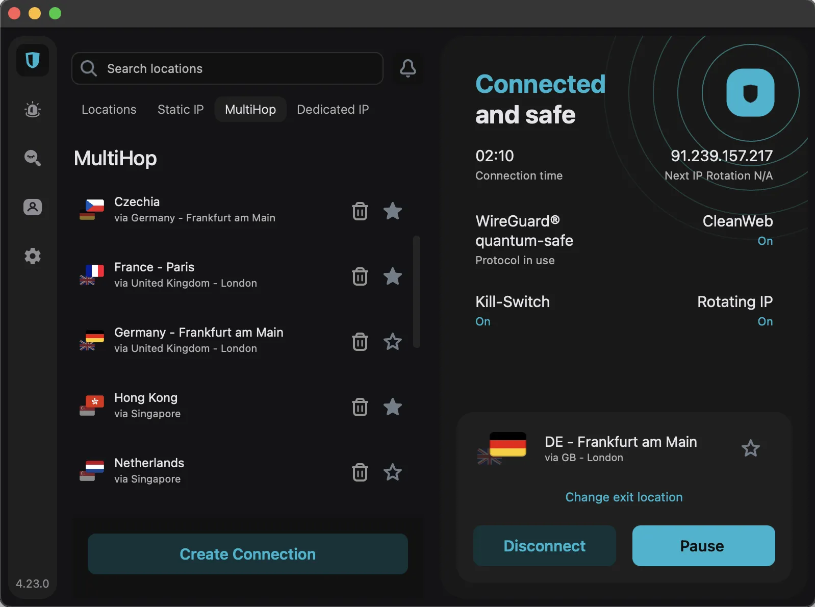 Surfshark MultiHop server list showing Germany via UK setup
