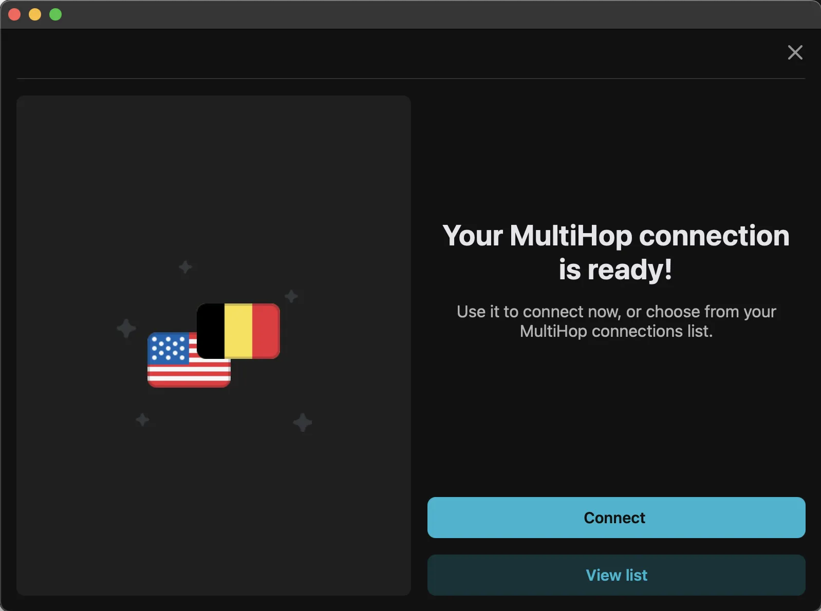 Surfshark showing US to Belgium MultiHop connection ready for launch