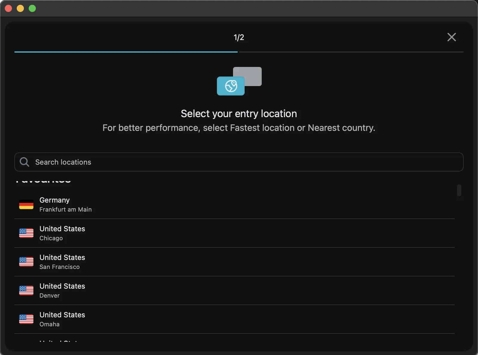 Surfshark VPN interface showing entry server selection like Frankfurt, Chicago, Denver