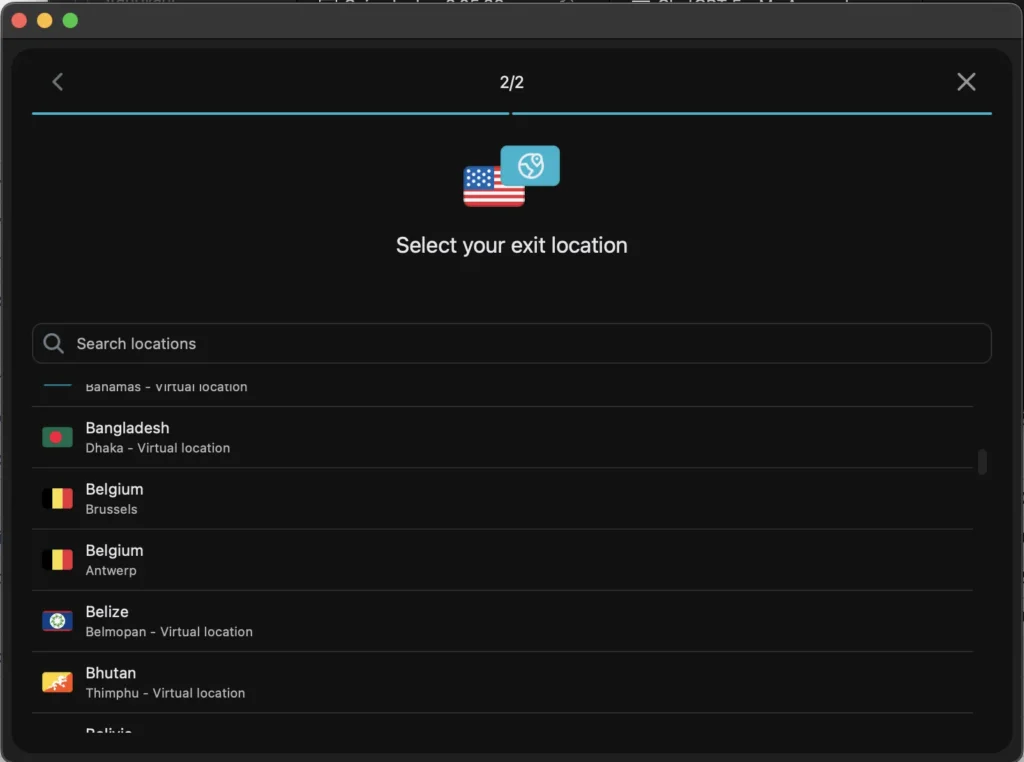 Surfshark VPN showing exit server list including Belgium, Belize, Bhutan, etc.