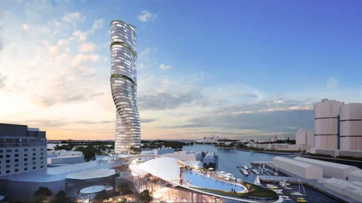 Modern luxury skyscraper hotel in Sydney with curved glass design overlooking the harbor and infinity pool at sunset