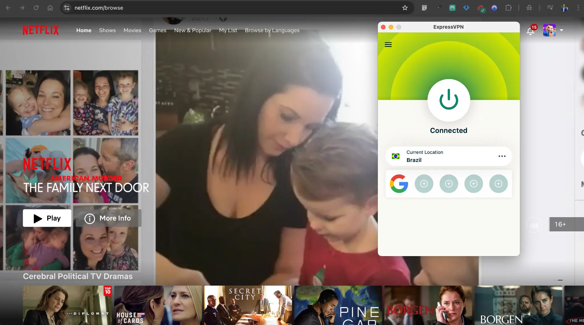Test Netflix with ExpressVPN Brazil server | Venclikovi.com Streaming Netflix smoothly while connected to ExpressVPN Brazil server, proving fast and stable connection for HD content.