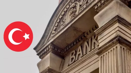 Historic stone bank building with the word "BANK" on the facade and the Turkish flag symbol overlayed, representing Turkish financial institutions.