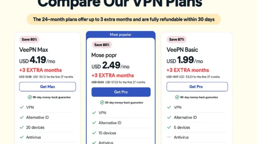 VeePN VPN pricing comparison for 24-month plans showing VeePN Max at $4.19/month, VeePN Pro at $2.49/month, and VeePN Basic at $1.99/month, each with 3 extra months and a 30-day money-back guarantee. Features include VPN, Alternative ID, device limits, antivirus, breach alert, and private AI chat.