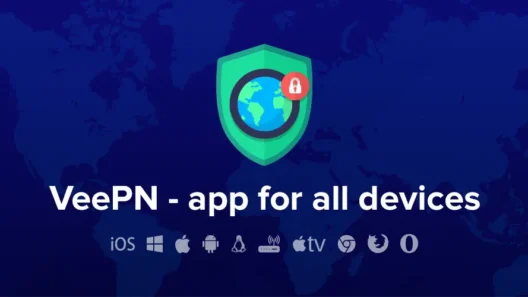 VeePN logo with a shield and globe, showing that the VPN app works across all devices including iOS, Windows, Android, macOS, Linux, Apple TV, Chrome, Firefox, and Opera.