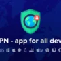 VeePN logo with a shield and globe, showing that the VPN app works across all devices including iOS, Windows, Android, macOS, Linux, Apple TV, Chrome, Firefox, and Opera.