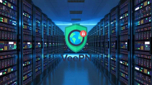 VeePN logo centered in a glowing server room, symbolizing fast and secure VPN infrastructure worldwide.