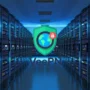 VeePN logo centered in a glowing server room, symbolizing fast and secure VPN infrastructure worldwide.
