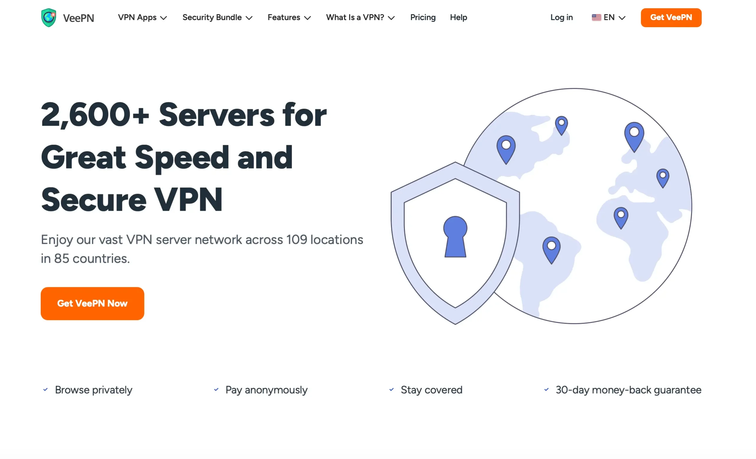 VeePN webpage highlighting 2,600+ VPN servers in 85 countries with a global map and secure shield icon promoting speed and privacy.