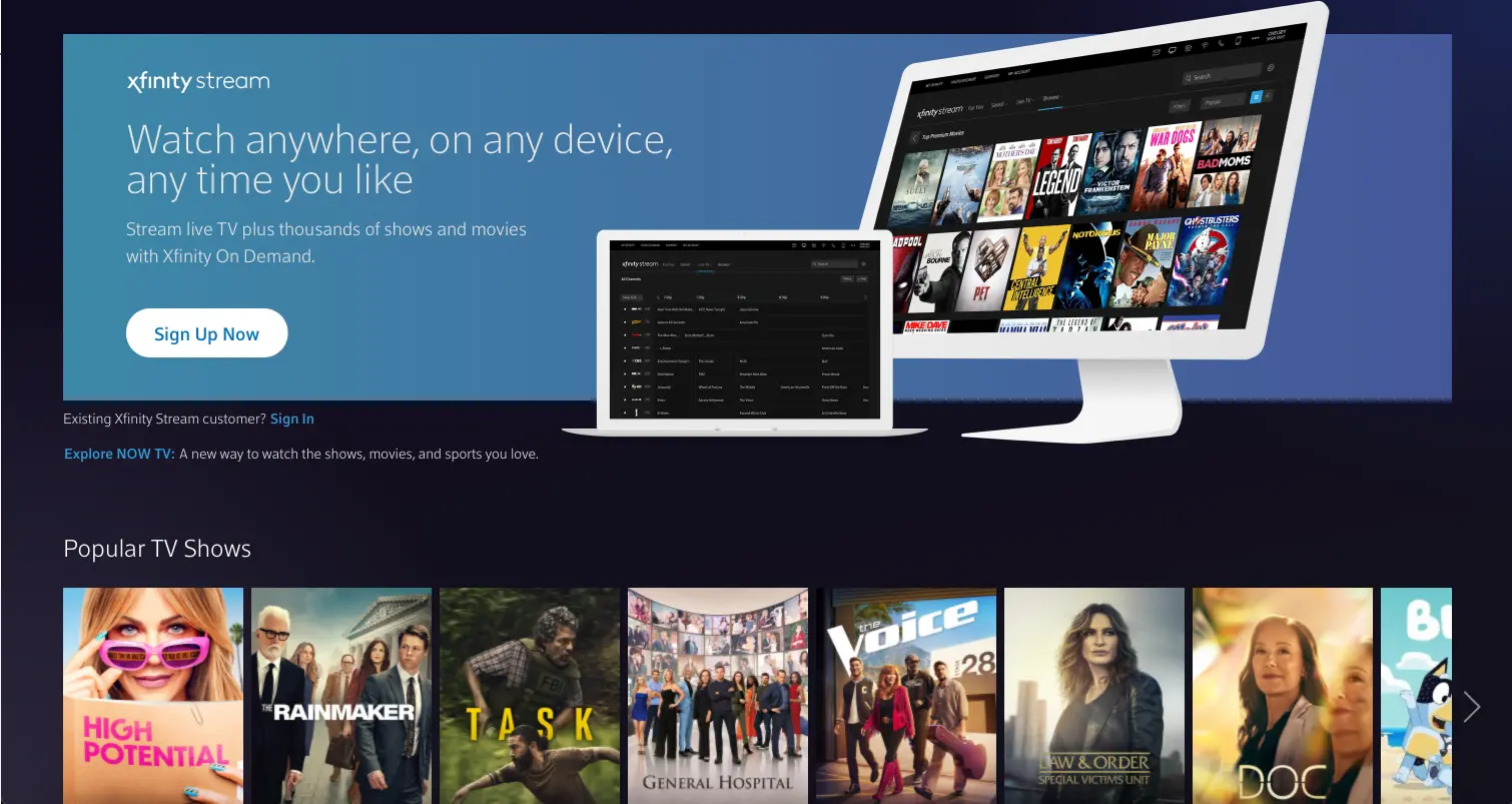 Official Xfinity Stream landing page highlighting sign-up and popular TV shows