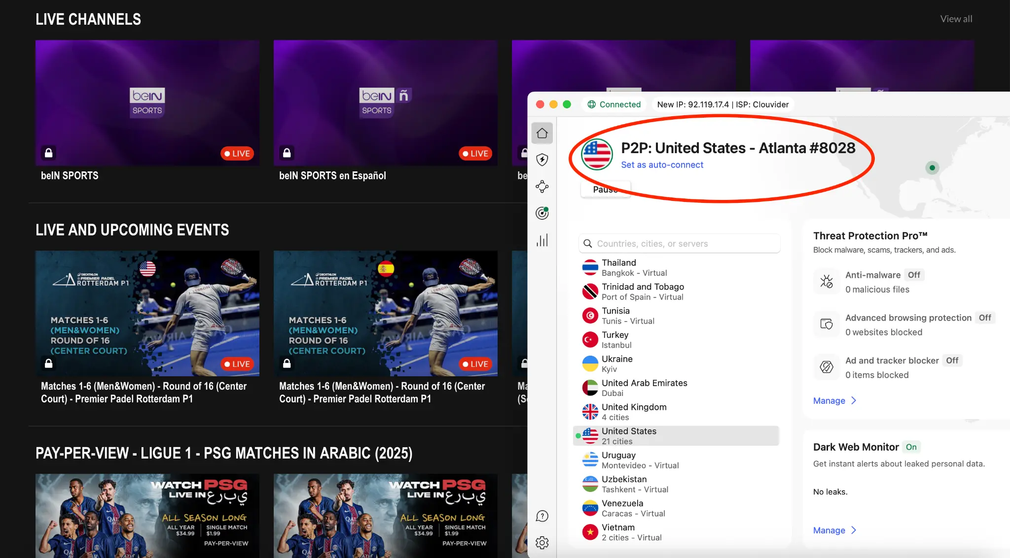 Screenshot showing beIN SPORTS live channels and NordVPN connected to a US server, enabling streaming access.