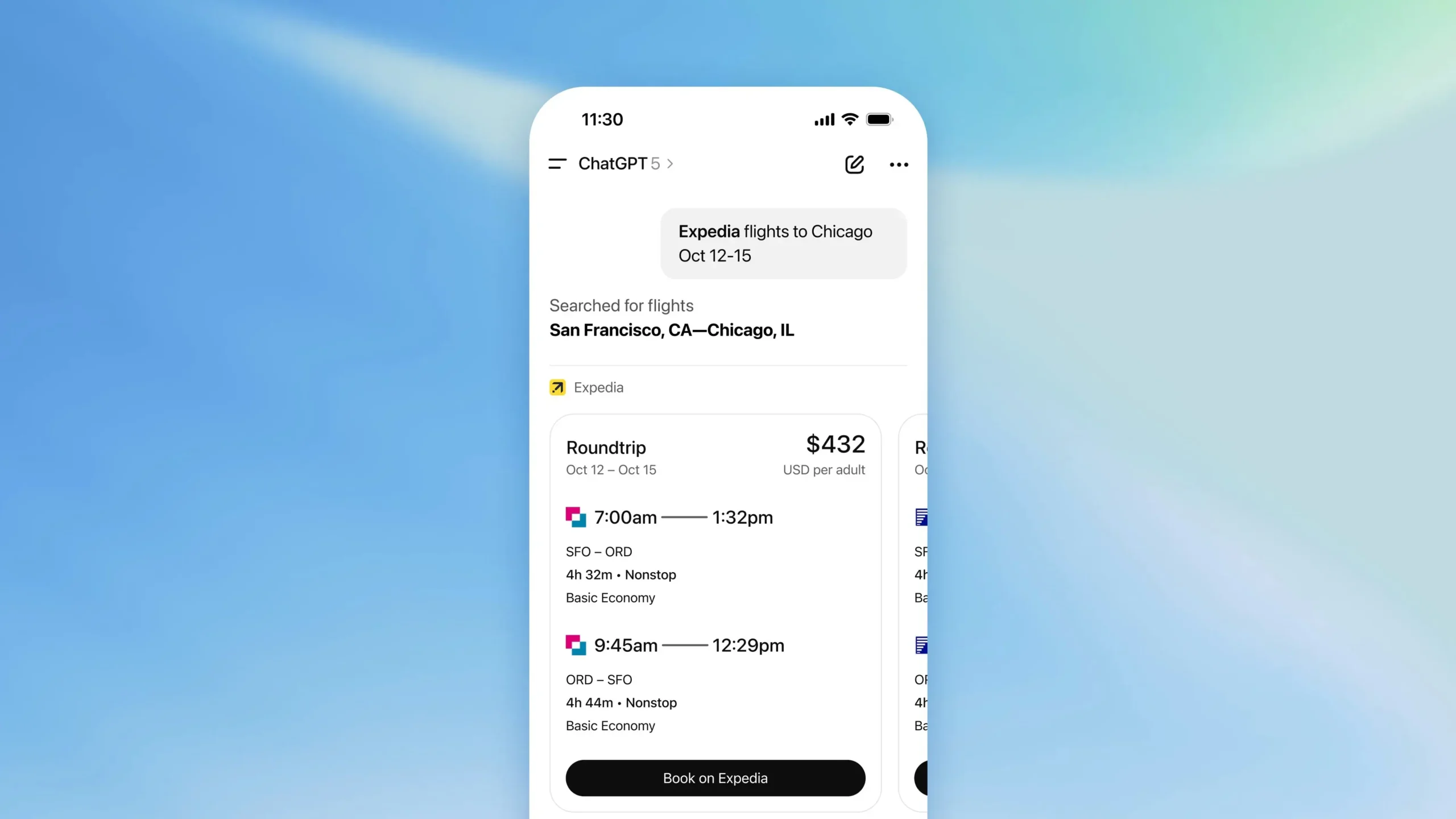 Mobile screen showing ChatGPT app integration with Expedia, displaying flight search results from San Francisco to Chicago with booking options.