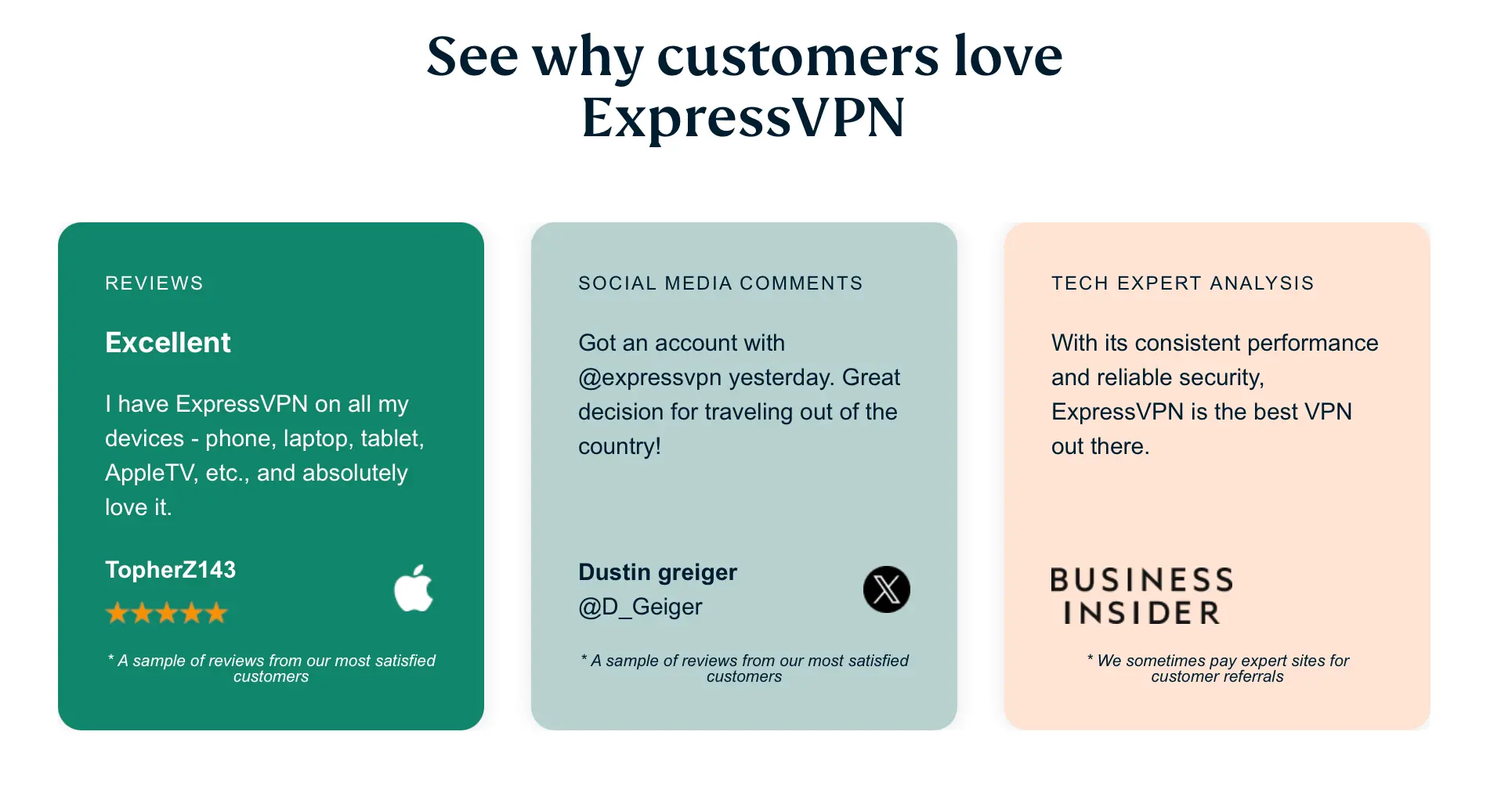 Real user reviews and expert praise for ExpressVPN, including comments about Apple TV, travel, and overall satisfaction