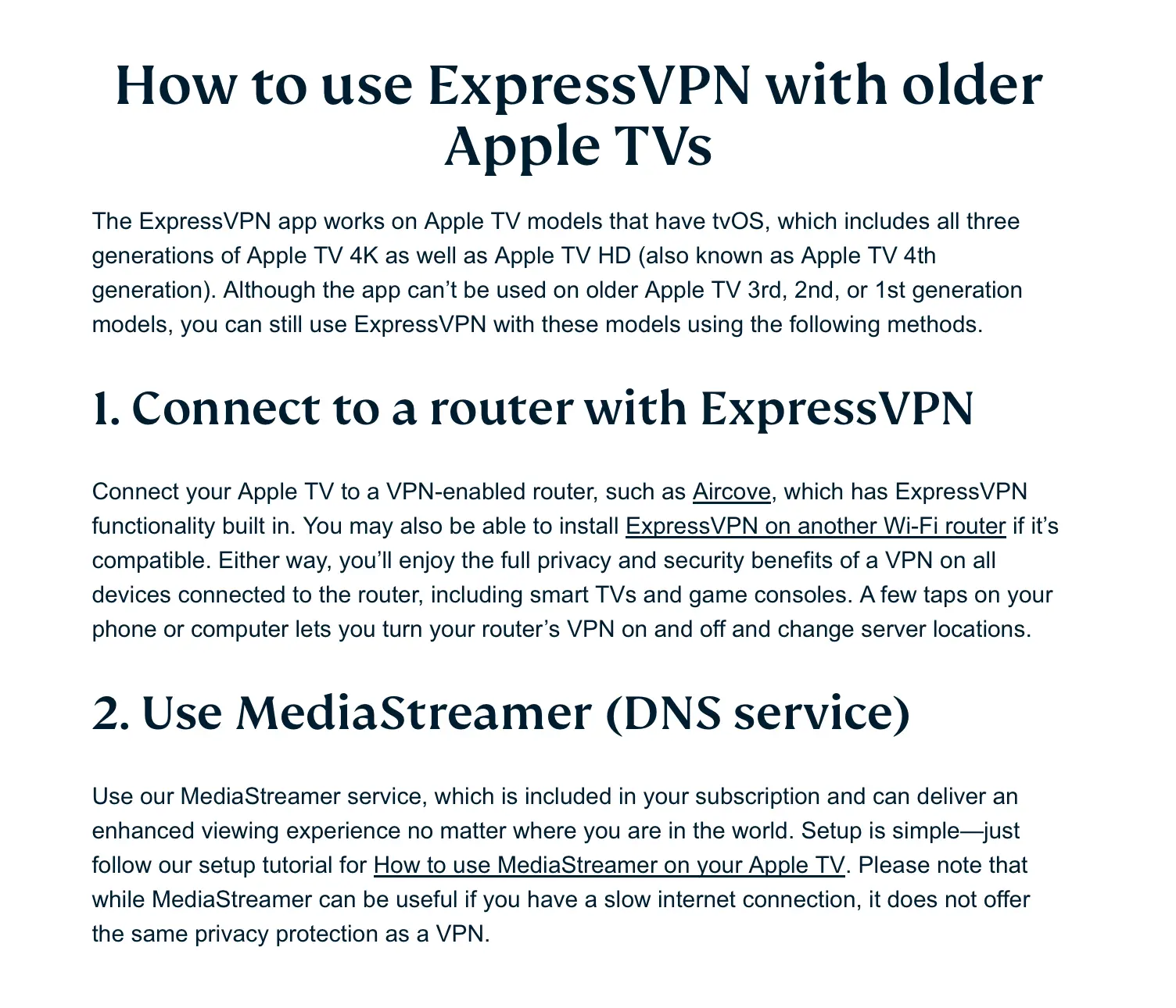 How to use ExpressVPN with older Apple TV models using router setup or MediaStreamer DNS service