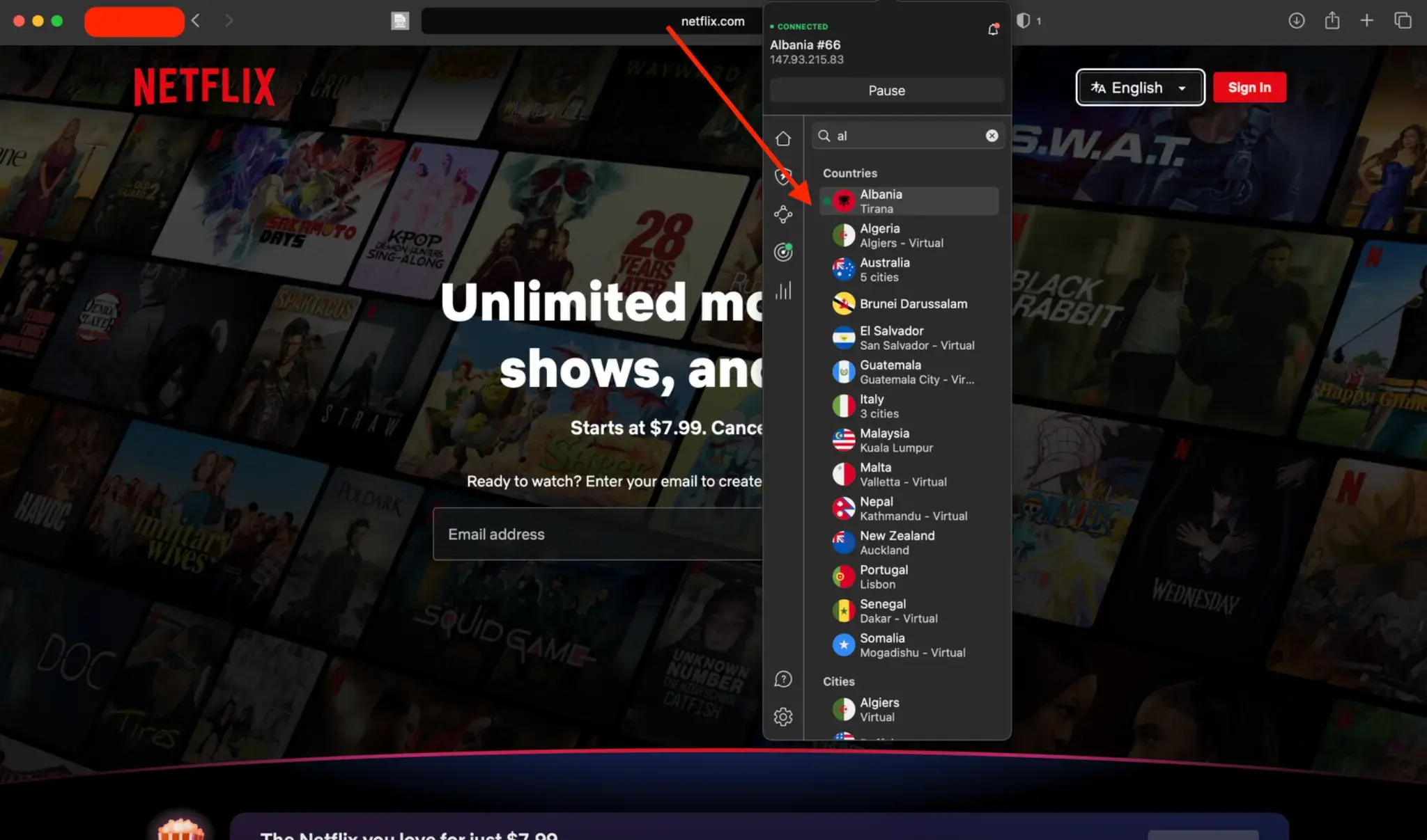 VPN connected to Albania while browsing Netflix homepage – a workaround for accessing geo-restricted content in Albania.