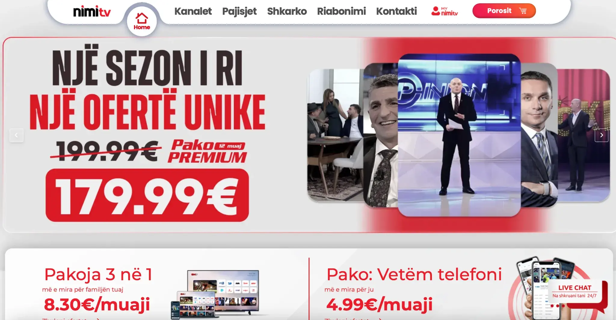 NimiTV Albanian streaming service showcasing premium offer prices and popular talk show hosts, tailored for viewers in and outside Albania.