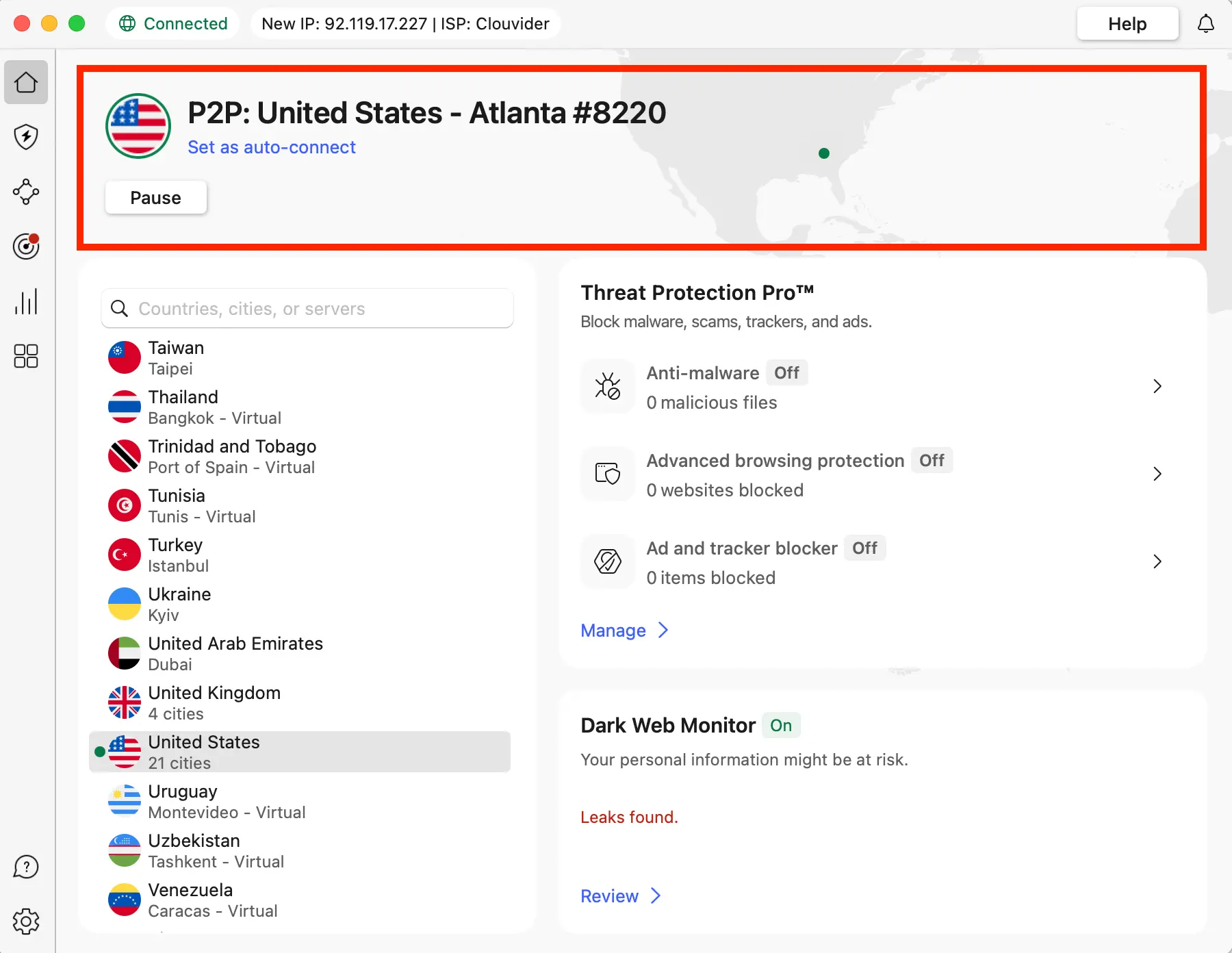 nordvpn-atlanta-server-connected | Venclikovi.com Screenshot showing NordVPN connected to the Atlanta server in the United States with Threat Protection settings visible.