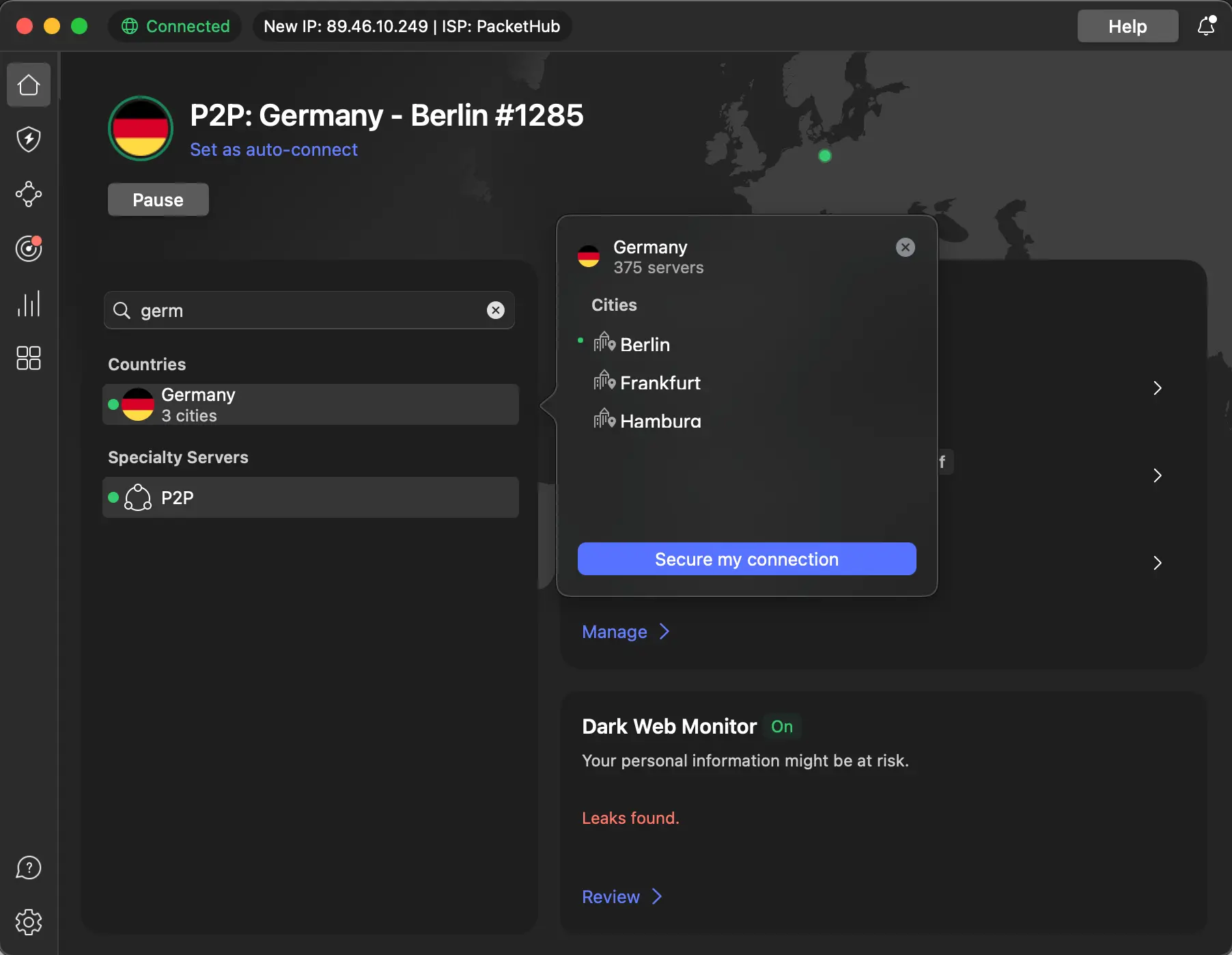 NordVPN dashboard connected to a P2P server in Berlin, Germany, with available cities Frankfurt and Hamburg listed.