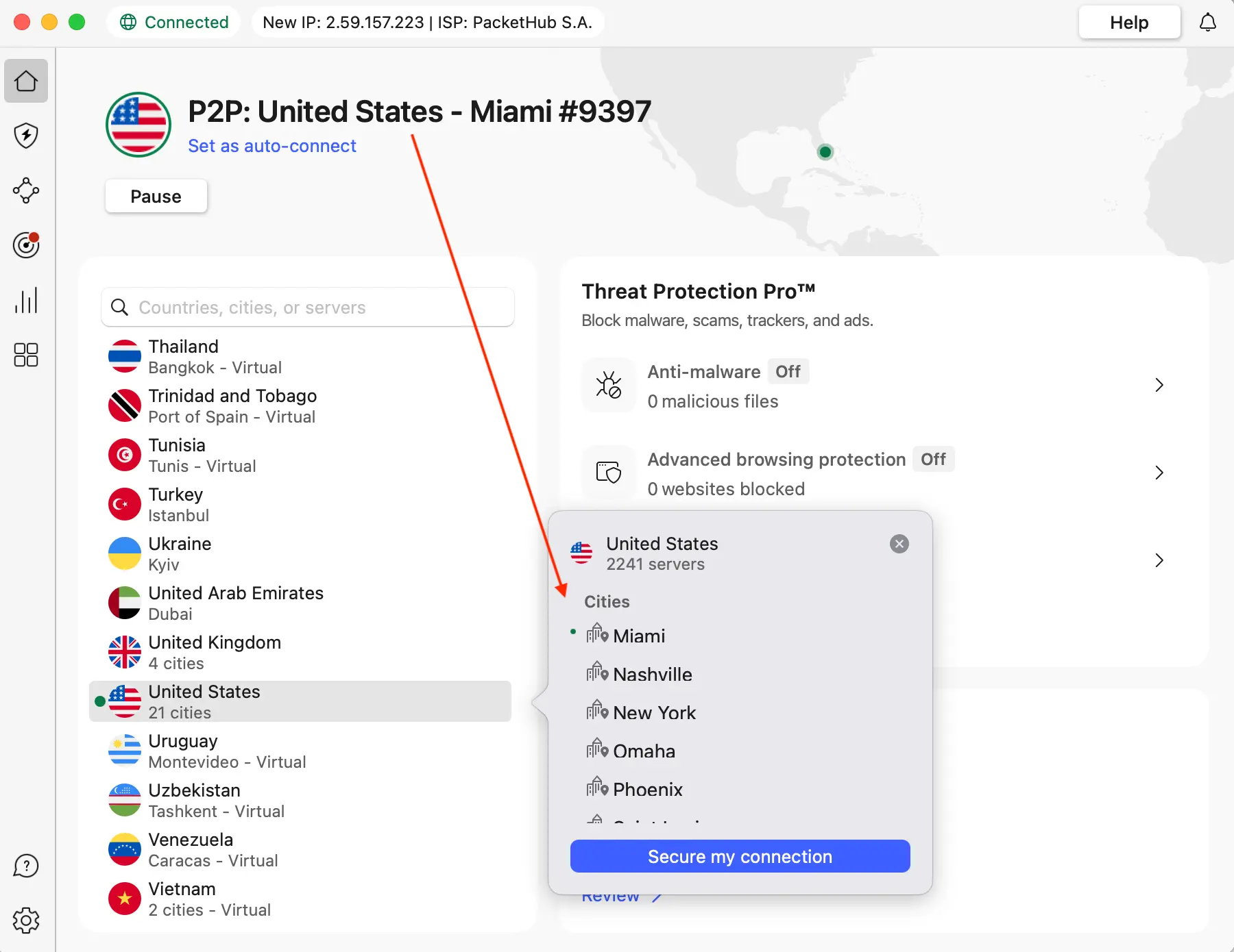 NordVPN app interface connected to the Miami server, displaying available U.S. cities and secure connection options.