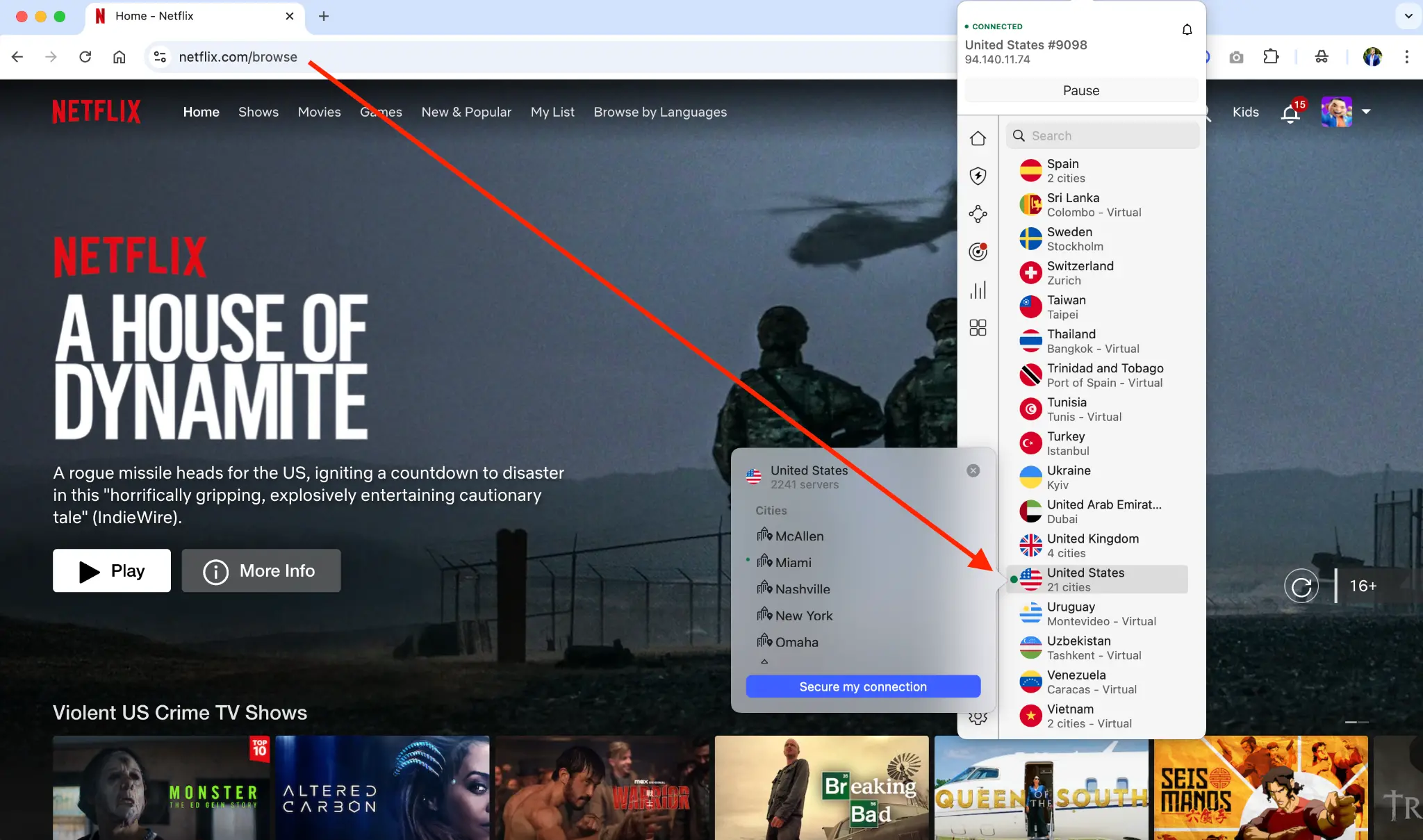 nordvpn-netflix-usa-setup | Venclikovi.com Using NordVPN to access U.S. Netflix content, with the VPN app connected to an American server on the side.