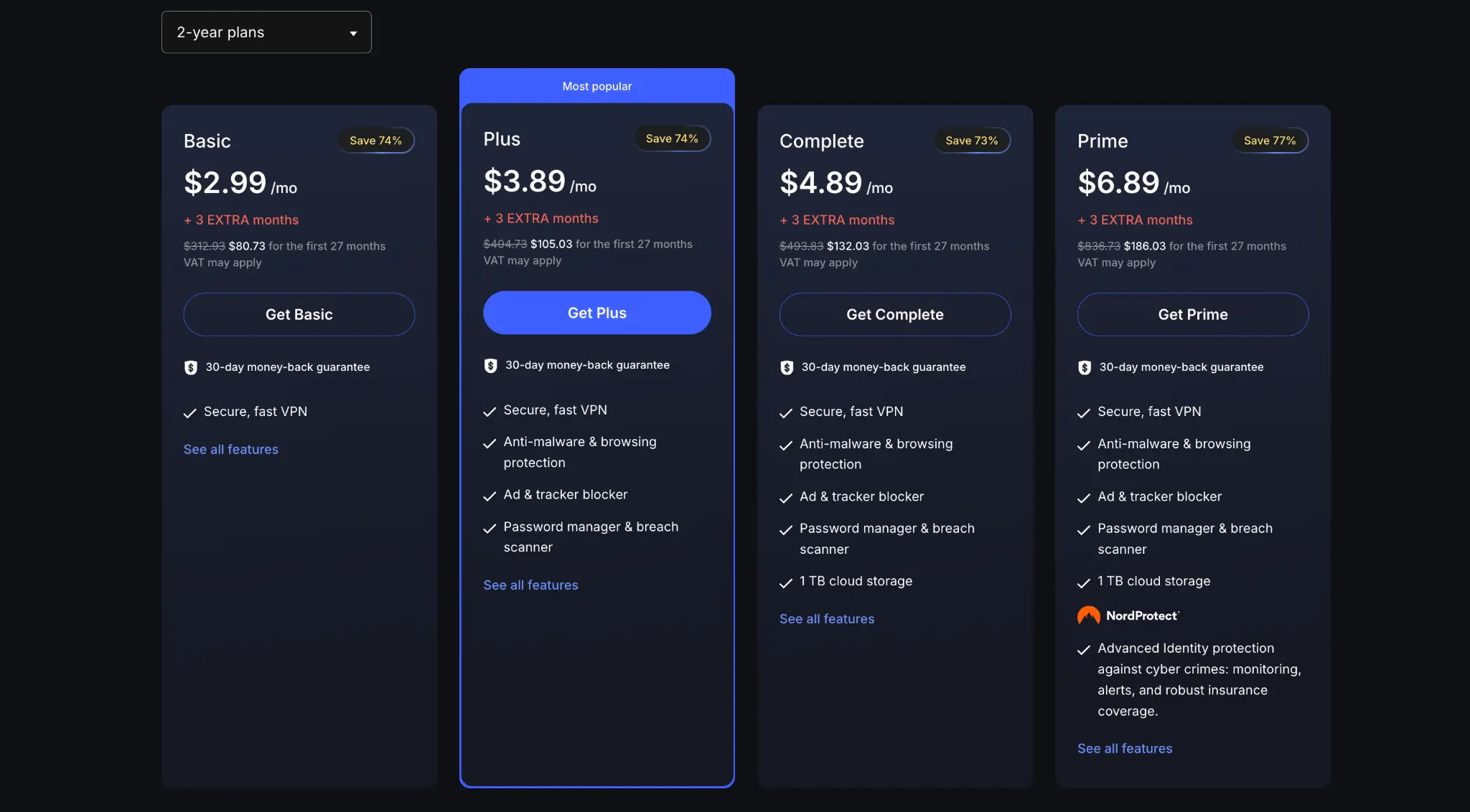nordvpn-pricing-plans-2025 | Venclikovi.com NordVPN pricing plans for 2025 displayed on the official website, showing Basic, Plus, Complete, and Prime options.
