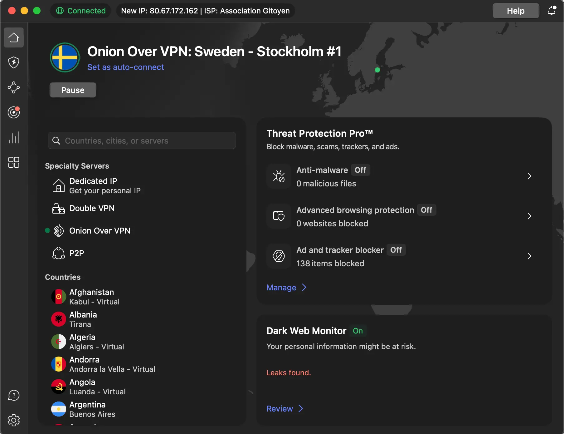 NordVPN app connected to Onion Over VPN server in Stockholm, Sweden, with security features displayed on the dashboard.