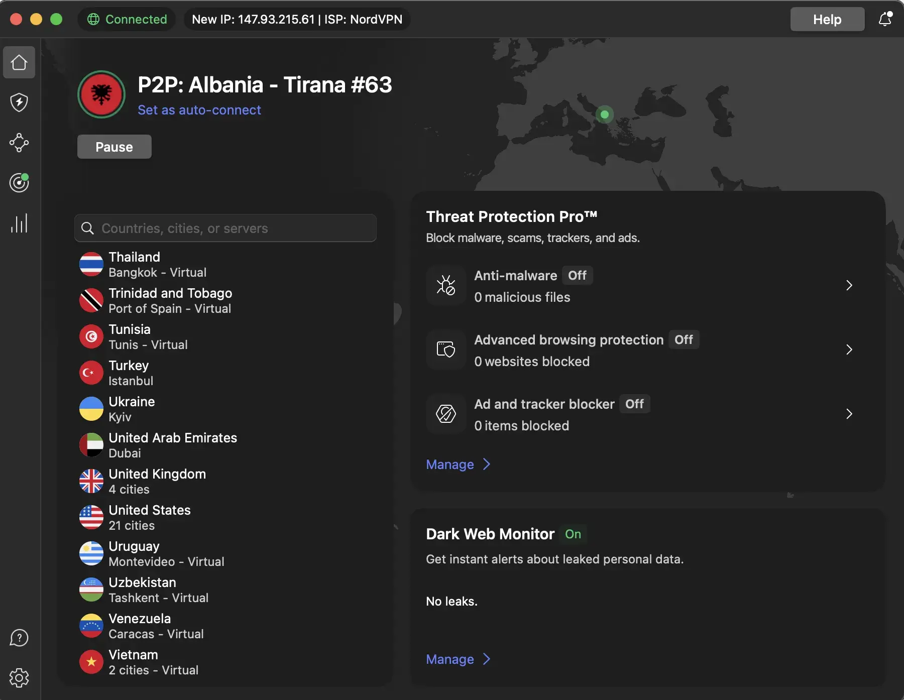 NordVPN interface showing Albania server connected with Threat Protection features – used for safer browsing and access to streaming platforms.