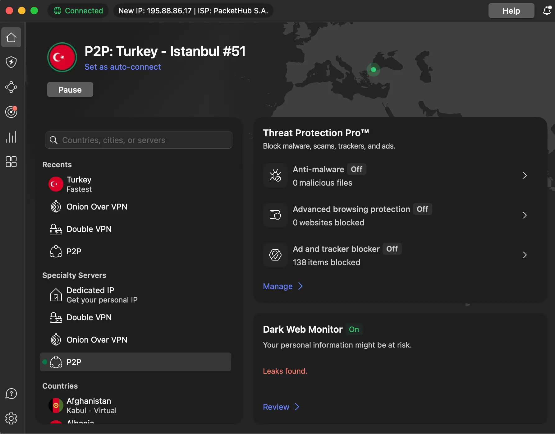 NordVPN connected to a P2P server in Istanbul, Turkey, showing active protection features and the user interface on MacBook.