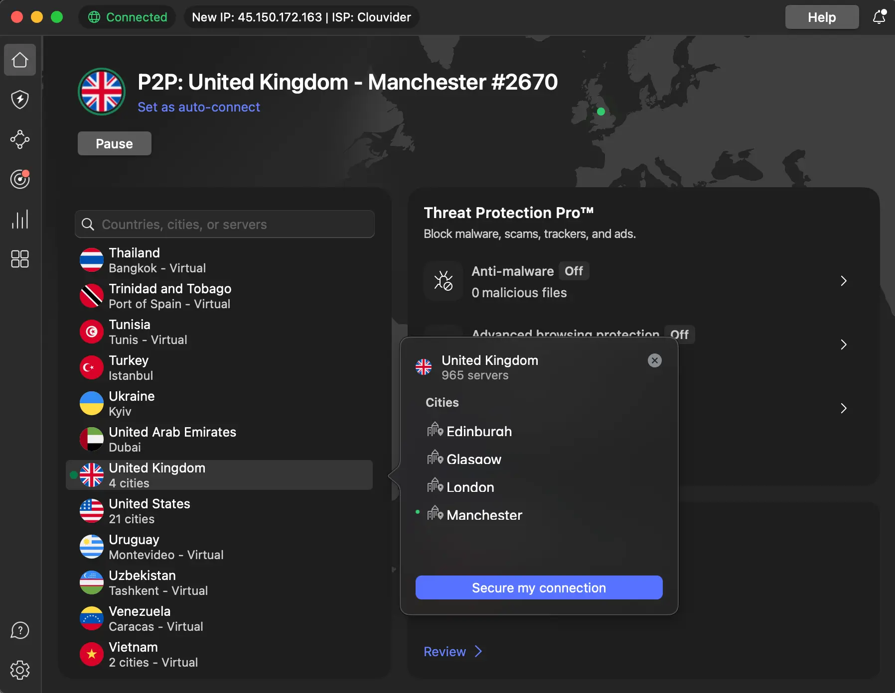 NordVPN interface showing United Kingdom server list with Manchester selected for secure P2P connection.