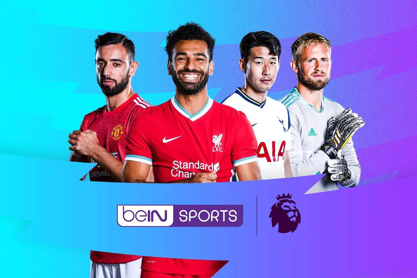 Premier League players including Mohamed Salah and Bruno Fernandes with beIN SPORTS and EPL logos